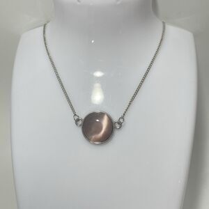 Beautiful Pink Cat Eye Glass Pendant Silver Tone Necklace 17” Adjustable Chain